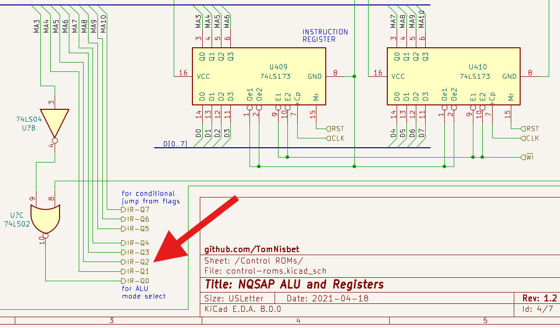 Output dell'Instruction Register verso il modulo ALU con evidenza dei 5 bit di selezione della funzione / operazione dei '181