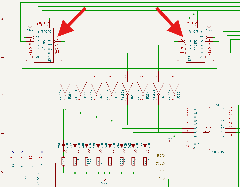 Schema del modulo RAM di Ben Eater basato su 74189: le porte nativamente designate per l'Output consentono la visualizzazione ininterrotta del contenuto della locazione RAM indirizzata dal MAR